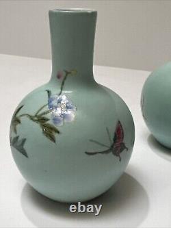 Antique Chinese Vase Scholar Art Fine Old Flower Butterfly Signed Vintage Pair