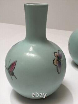 Antique Chinese Vase Scholar Art Fine Old Flower Butterfly Signed Vintage Pair