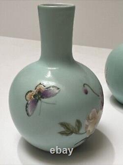 Antique Chinese Vase Scholar Art Fine Old Flower Butterfly Signed Vintage Pair