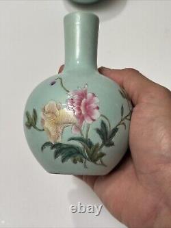 Antique Chinese Vase Scholar Art Fine Old Flower Butterfly Signed Vintage Pair