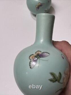 Antique Chinese Vase Scholar Art Fine Old Flower Butterfly Signed Vintage Pair