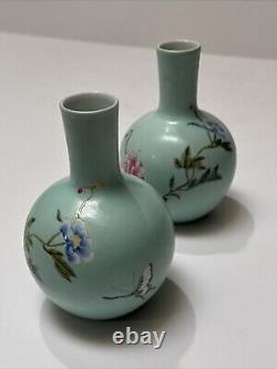 Antique Chinese Vase Scholar Art Fine Old Flower Butterfly Signed Vintage Pair