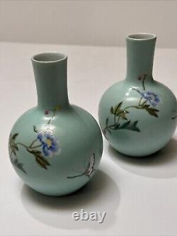 Antique Chinese Vase Scholar Art Fine Old Flower Butterfly Signed Vintage Pair