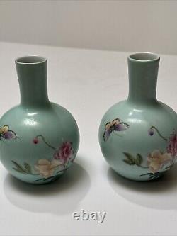 Antique Chinese Vase Scholar Art Fine Old Flower Butterfly Signed Vintage Pair