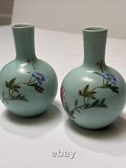 Antique Chinese Vase Scholar Art Fine Old Flower Butterfly Signed Vintage Pair