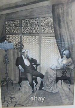 Antique ENGLISH Victorian Watercolor Painting MOWBRAY PERCY Couple Relaxing