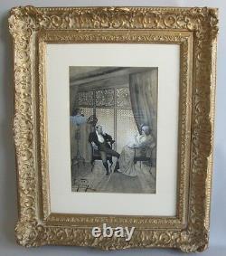 Antique ENGLISH Victorian Watercolor Painting MOWBRAY PERCY Couple Relaxing