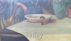 Antique European Oil On Canvas Painting Elderly Couple Dining Signed