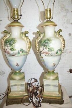 Antique Exquisite Pair Gilded Porcelain HP Scenic Lamps Signed Dubare