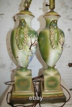 Antique Exquisite Pair Gilded Porcelain HP Scenic Lamps Signed Dubare