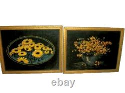 Antique Floral Theorem Oil Painting Black Velvet 1910 Folk Art Pair Period Frame