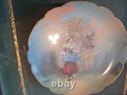 Antique French Artist Signed Courting Couple Porcelain Plate In Shadow Box Frame