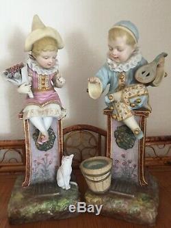 Antique French Bisque Pair Pierrot Children Signed. Samson