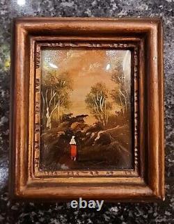 Antique French Enamel on Copper Painting Couple Embracing signed DeRei 4X4.75