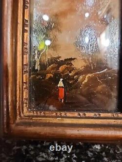 Antique French Enamel on Copper Painting Couple Embracing signed DeRei 4X4.75