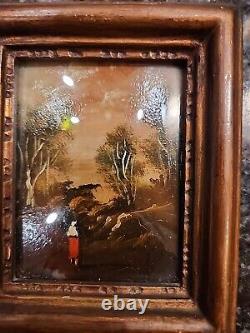 Antique French Enamel on Copper Painting Couple Embracing signed DeRei 4X4.75