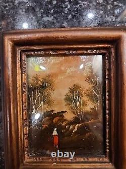 Antique French Enamel on Copper Painting Couple Embracing signed DeRei 4X4.75