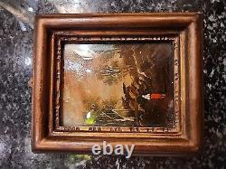 Antique French Enamel on Copper Painting Couple Embracing signed DeRei 4X4.75