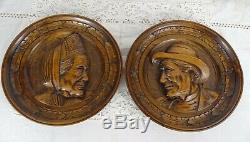 Antique French Hand Carved Walnut Wood Pair Plaque Face Brittany Figure -signed