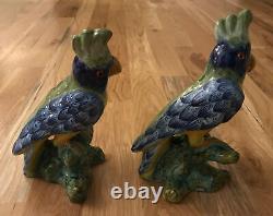 Antique French Majolica Pottery Parrot Figurine PAIR Signed & Made in France 10