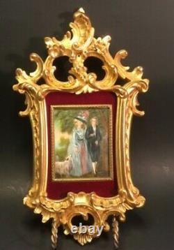 Antique French Miniature Rococo Royal Couple with Dog on Elaborate Plaster Frame