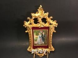 Antique French Miniature Rococo Royal Couple with Dog on Elaborate Plaster Frame