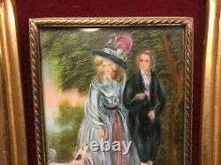 Antique French Miniature Rococo Royal Couple with Dog on Elaborate Plaster Frame