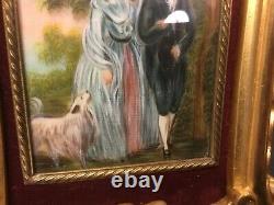 Antique French Miniature Rococo Royal Couple with Dog on Elaborate Plaster Frame
