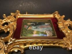 Antique French Miniature Rococo Royal Couple with Dog on Elaborate Plaster Frame