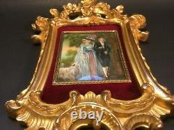 Antique French Miniature Rococo Royal Couple with Dog on Elaborate Plaster Frame