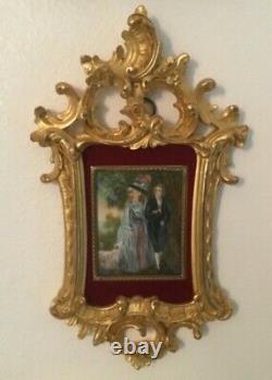 Antique French Miniature Rococo Royal Couple with Dog on Elaborate Plaster Frame