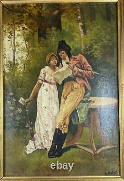 Antique French Oil Painting on Canvas, c. 1795 Couple in Landscape, Incroyables