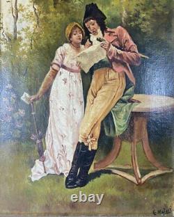 Antique French Oil Painting on Canvas, c. 1795 Couple in Landscape, Incroyables