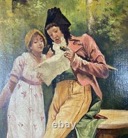 Antique French Oil Painting on Canvas, c. 1795 Couple in Landscape, Incroyables