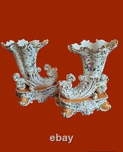 Antique French Old Paris Pair of Porcelain Cornucopia Vases Signed Jacob Petit