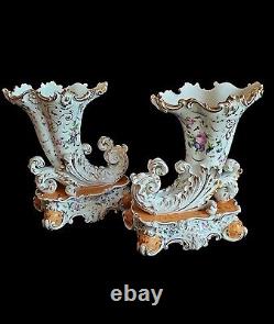 Antique French Old Paris Pair of Porcelain Cornucopia Vases Signed Jacob Petit