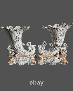 Antique French Old Paris Pair of Porcelain Cornucopia Vases Signed Jacob Petit