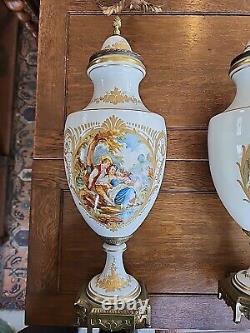Antique French Pair Sevres Style Porcelain Gilt Bronze Vases Urns Gillet Signed
