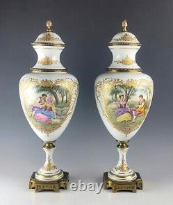 Antique French Pair Sevres Style Porcelain Gilt Bronze Vases Urns Signed