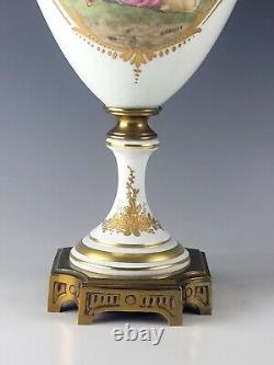 Antique French Pair Sevres Style Porcelain Gilt Bronze Vases Urns Signed