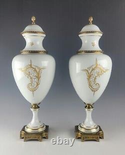 Antique French Pair Sevres Style Porcelain Gilt Bronze Vases Urns Signed