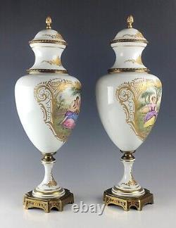 Antique French Pair Sevres Style Porcelain Gilt Bronze Vases Urns Signed