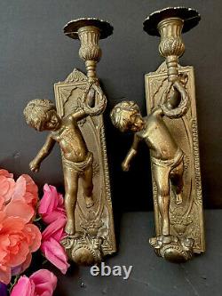 Antique French Pair of Solid Bronze Wall Sconces with Putti Angels