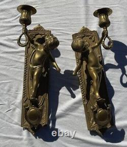 Antique French Pair of Solid Bronze Wall Sconces with Putti Angels