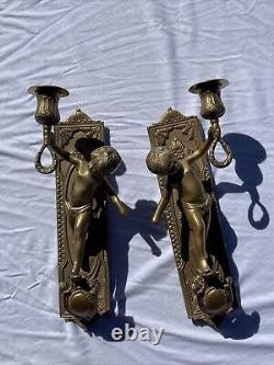 Antique French Pair of Solid Bronze Wall Sconces with Putti Angels