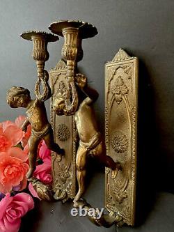 Antique French Pair of Solid Bronze Wall Sconces with Putti Angels