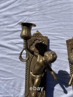 Antique French Pair of Solid Bronze Wall Sconces with Putti Angels