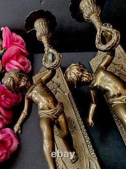 Antique French Pair of Solid Bronze Wall Sconces with Putti Angels