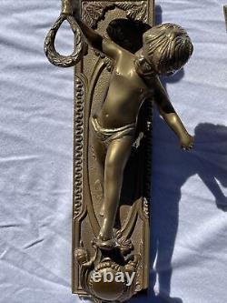 Antique French Pair of Solid Bronze Wall Sconces with Putti Angels