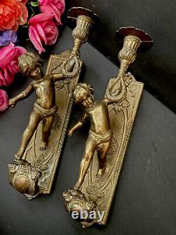 Antique French Pair of Solid Bronze Wall Sconces with Putti Angels